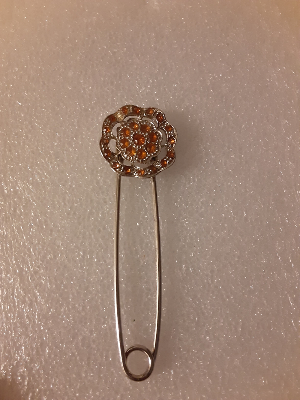 Silver Safety Pin Brooch with Orange Crystal Flower